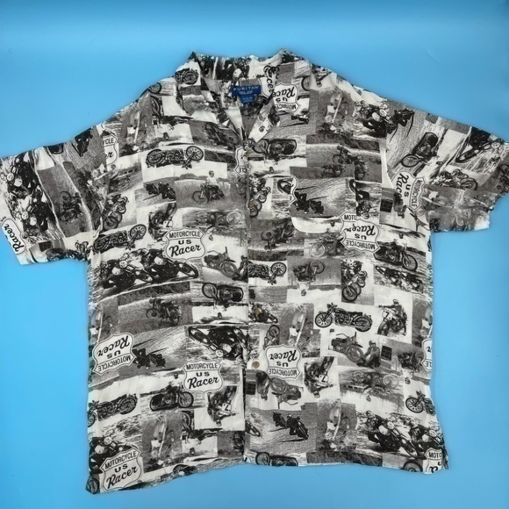 VTG - Motorcycle Print Short Sleeve Button Down